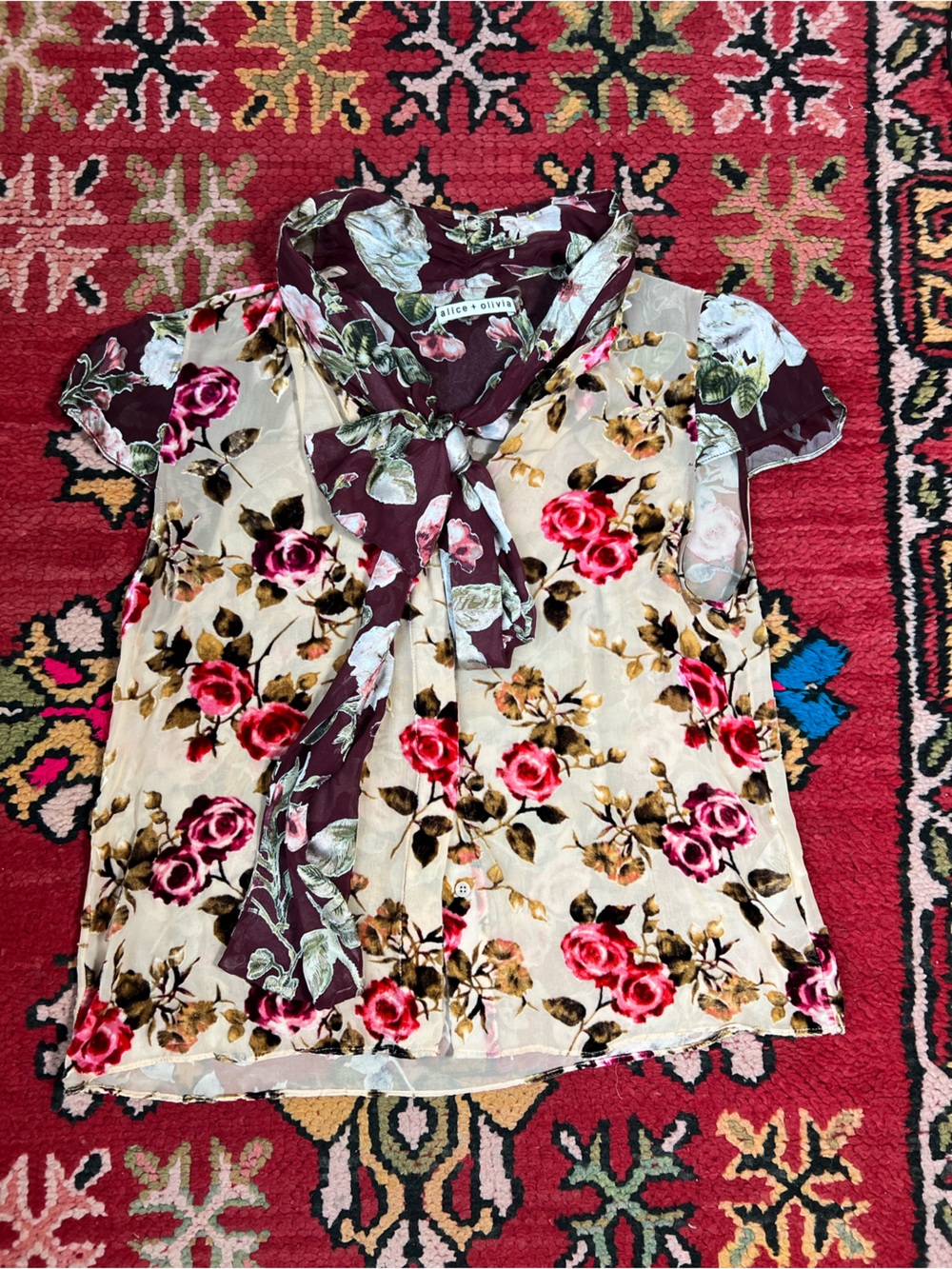Alice + Olivia Burgundy Floral Burn Out Velvet Tie-Front Blouse